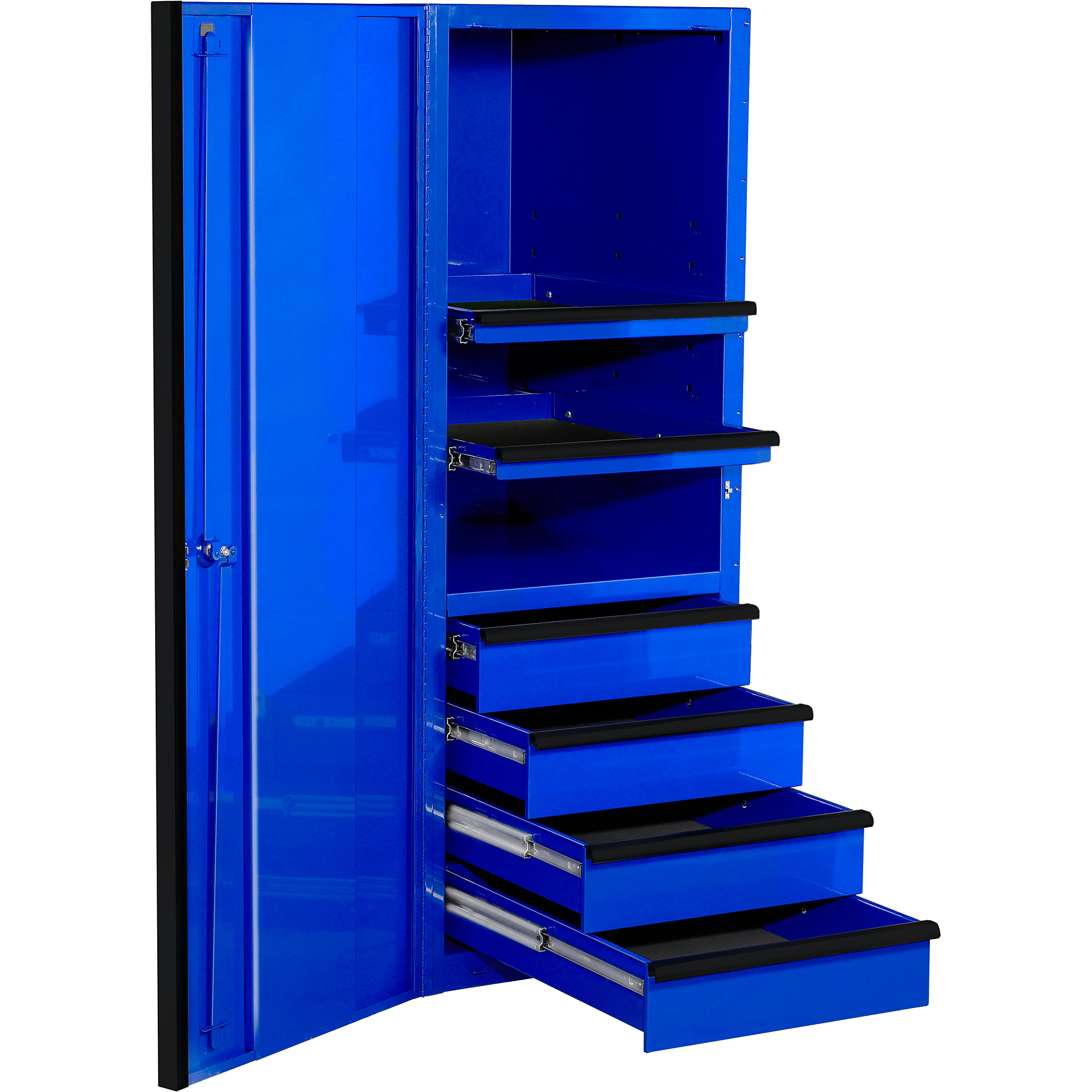 Extreme Tools EXQ Series EX2404SCQ 24" W x 30" D 4 Drawer and 3 Shelf Professional Side Cabinet - Blue w Black Handles - Model # EX2404SCQBLBK
